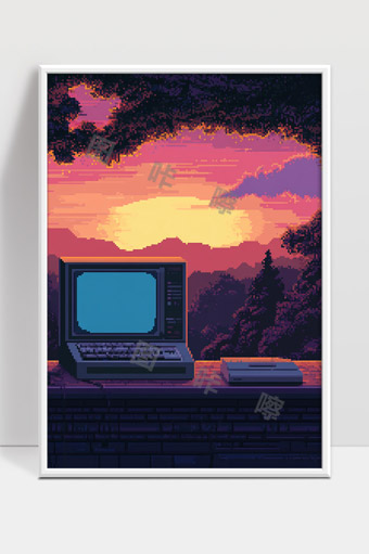 复古像素风电脑与夕阳景色数字艺术画面