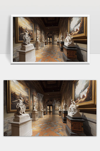 欧洲古典艺术博物馆内部雕塑油画展览走廊