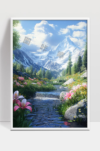 巍峨雪山下的花海溪流春天自然风光