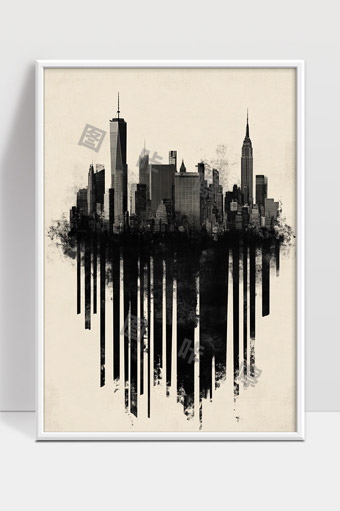 黑白城市天际线现代艺术创意画作设计