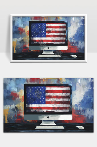美国国旗图案显示在苹果电脑屏幕上的艺术表达