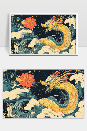东方龙与祥云花海的神秘奇幻图案
