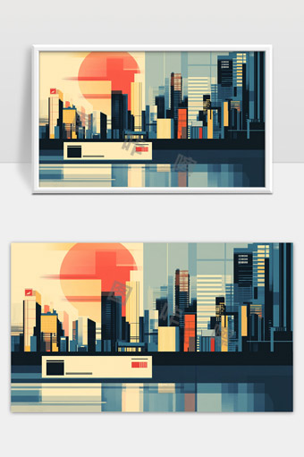 现代城市黄昏景象高楼大厦夕阳余晖映照水面