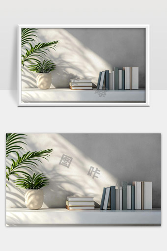 简约现代室内书架绿植阳光自然光影静谧空间