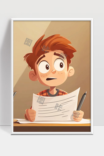 卡通男孩惊讶表情认真拿着试卷思考