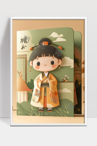 中国风古代女孩卡通可爱立体插画