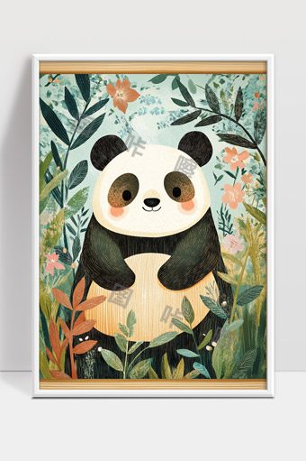 可爱卡通熊猫森林花草背景绘画装饰画
