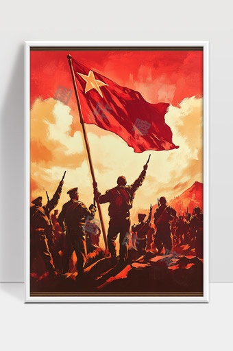 红旗飘扬革命战士英勇奋战场景