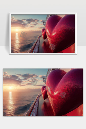 海上游轮夕阳下浪漫红色心形装饰景观