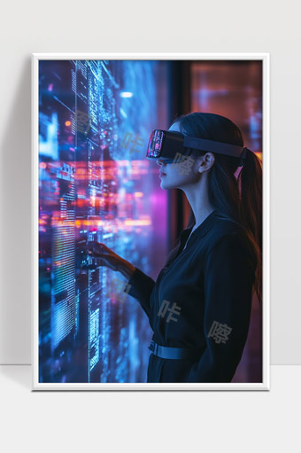 女性佩戴虚拟现实眼镜体验数字交互未来科技场景