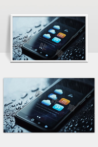 手机屏幕上的云应用图标和雨水湿润效果特写