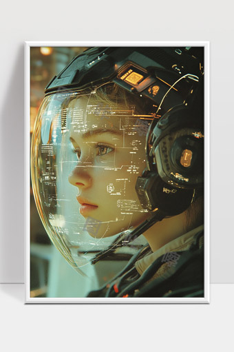 未来科技太空头盔中的智能女性战士侧脸特写