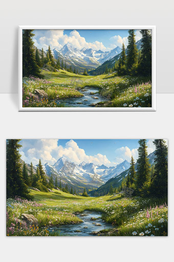 宁静山谷溪流雪山风光春日自然美景