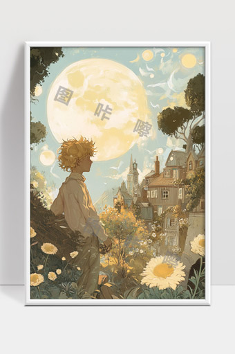童年梦境中的月光下花海小镇静谧时光