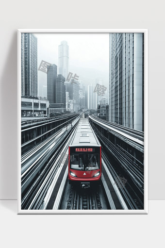 现代城市轨道交通红色地铁列车穿行高楼之间
