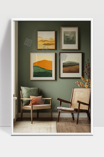 现代极简风格绿色墙面客厅装饰与复古家具设计