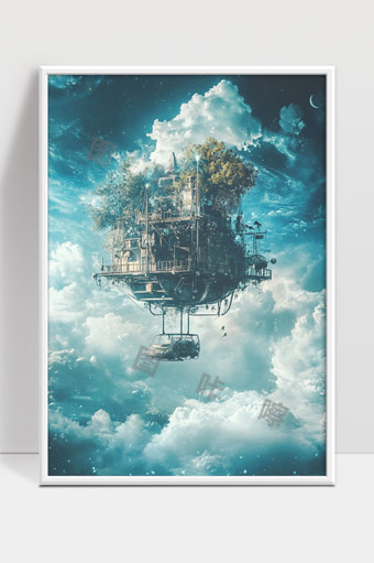悬浮天空中奇幻漂浮岛屿与汽车的梦幻场景
