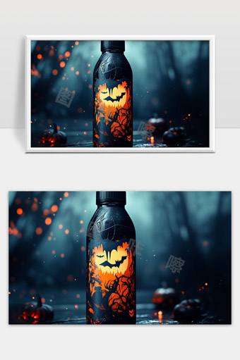 万圣节主题黑色南瓜图案饮料瓶夜晚氛围