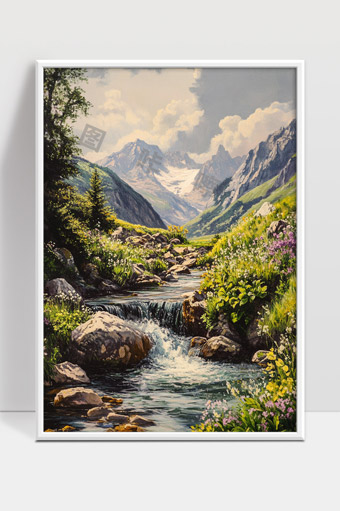 静谧山谷溪流花草环绕风景如画自然美景