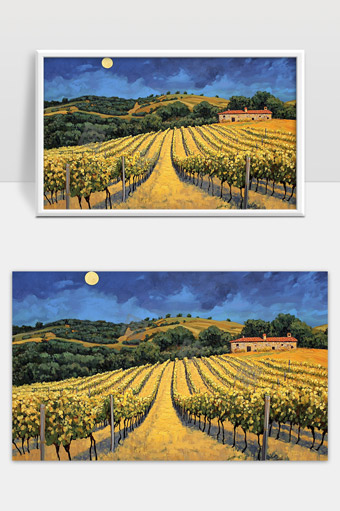 月夜下的金色葡萄园与乡村别墅宁静景致