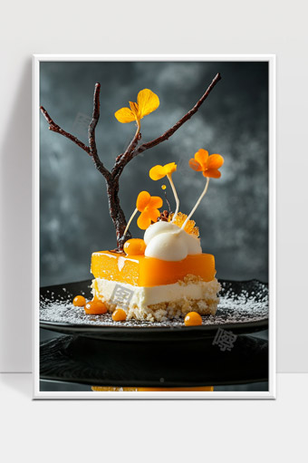 精致创意芒果慕斯蛋糕艺术摆盘美食摄影