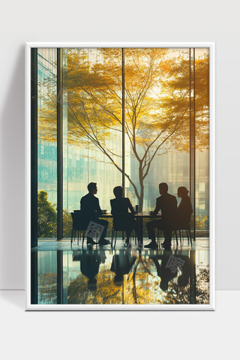 现代办公室内阳光洒落下四人会议讨论的温馨场景