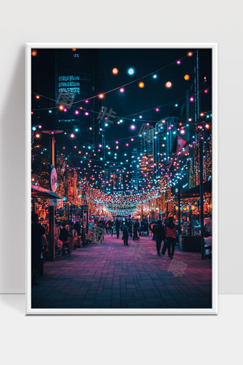 夜晚城市街道灯光璀璨节日氛围浓厚人群熙攘