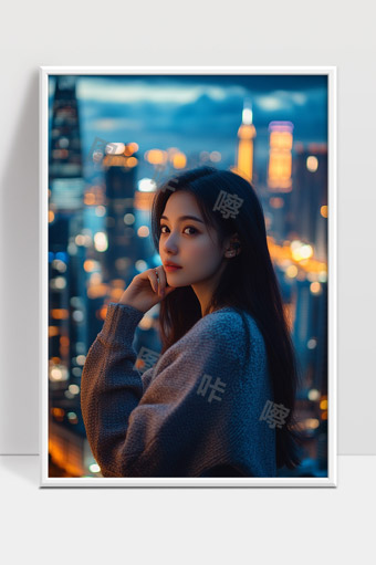 夜景下都市女性温柔侧颜静谧写真