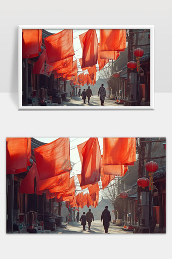 古巷红旗迎风飘扬人影悠长迎春景象