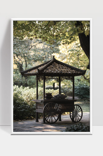 秋日古朴茶亭中落叶满地自然宁静风景