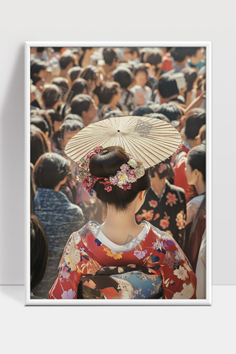 穿着和服花伞的女子在人群中传统文化盛典
