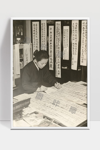 传统书法艺术女性专注书写传承中华文化精神