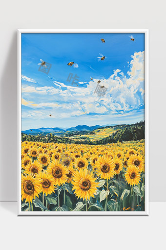 蓝天下向日葵田野和飞舞蜜蜂的美丽风景