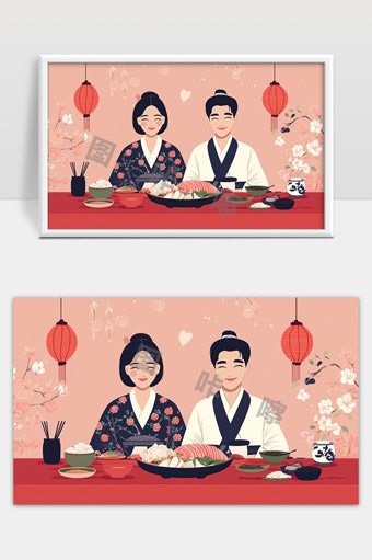 传统春节团圆饭男女穿汉服共庆佳节幸福温馨