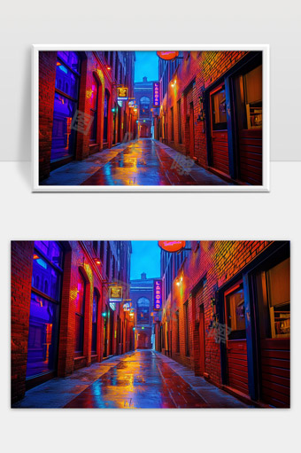 夜晚城市街巷霓虹灯光映照下的潮湿街道景象