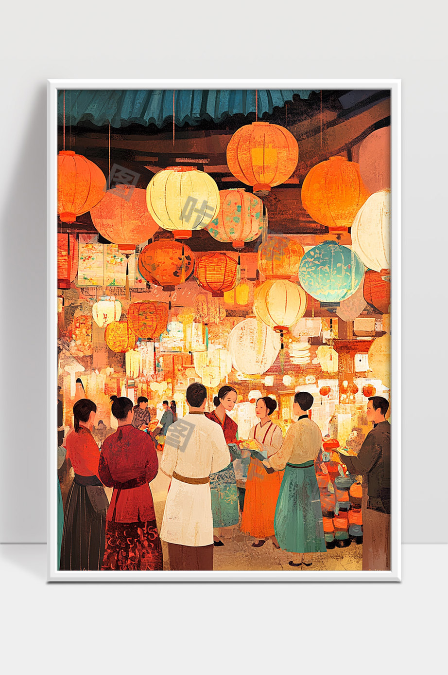 传统节日夜市人们赏灯文化盛景图