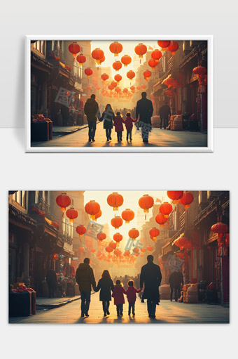 温馨家庭春节街头漫步喜庆红灯笼映照团圆时刻