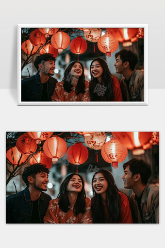 春节夜晚年轻人聚会点亮红灯笼喜庆温馨场景
