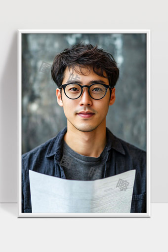 年轻男子戴眼镜自信微笑手持文件背景模糊肖像