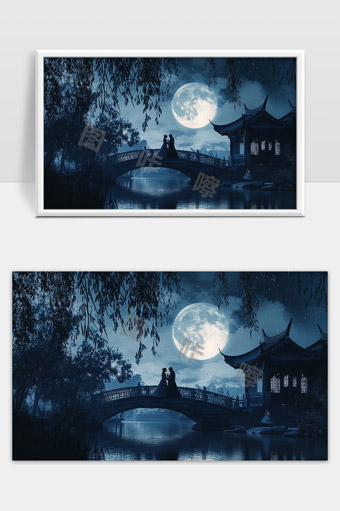 古风情侣月夜桥上相会唯美意境图