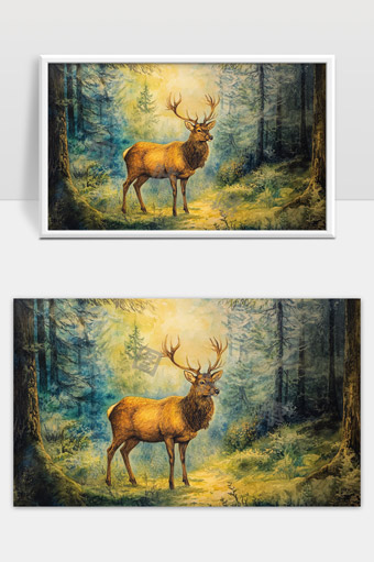 森林中阳光洒落下雄鹿悠然漫步的宁静景象