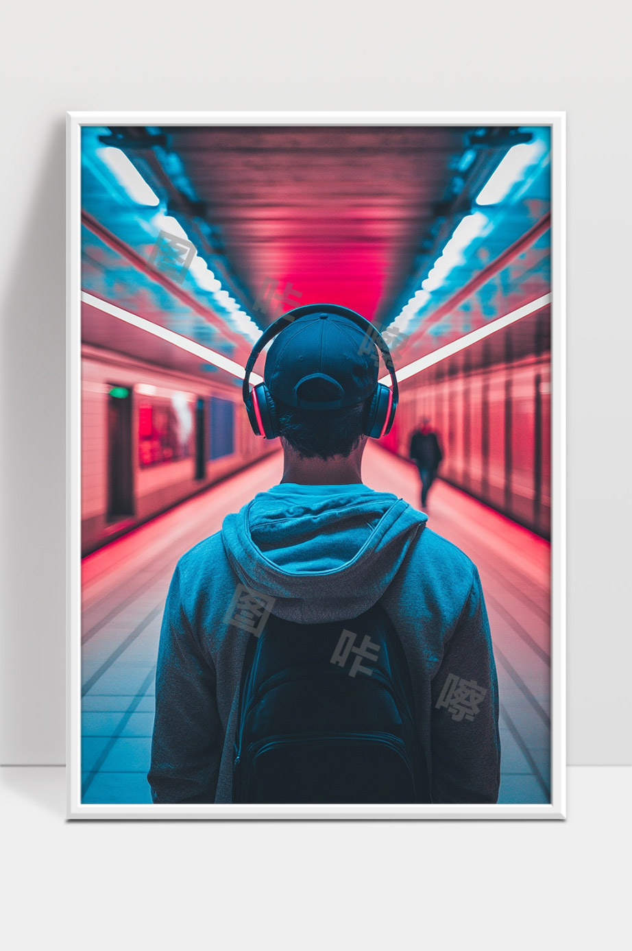 城市地铁站内戴耳机青年背影未来科技感