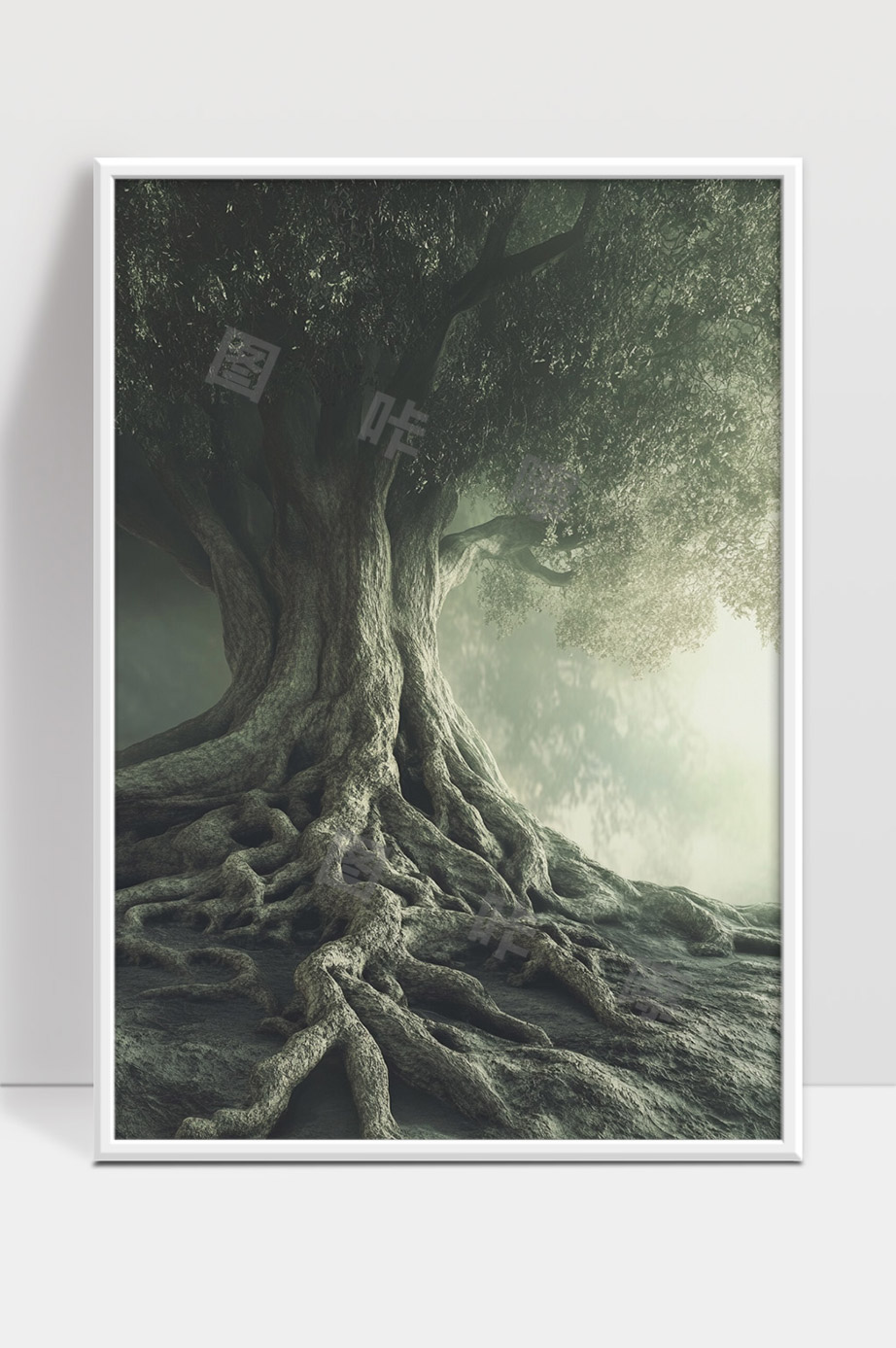 神秘古树盘根错节光影交织梦幻森林