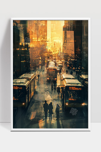 城市公交繁忙街道黄昏时分人流车流交织景象