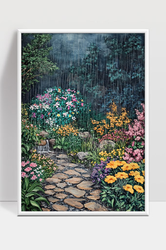 细雨纷纷花园石径绽放五彩斑斓鲜花美景