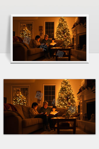 温馨圣诞夜家人围坐阅读共享幸福时光