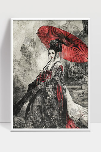 古风佳人手持红伞悠然坐于山石之间风雅意境