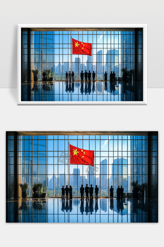 现代城市大楼内国旗前的商务人士剪影