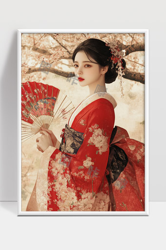 古风红衣佳人手持折扇背景樱花盛开唯美写真