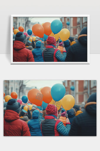 冬日街头人群手持色彩气球欢庆节日氛围浓厚